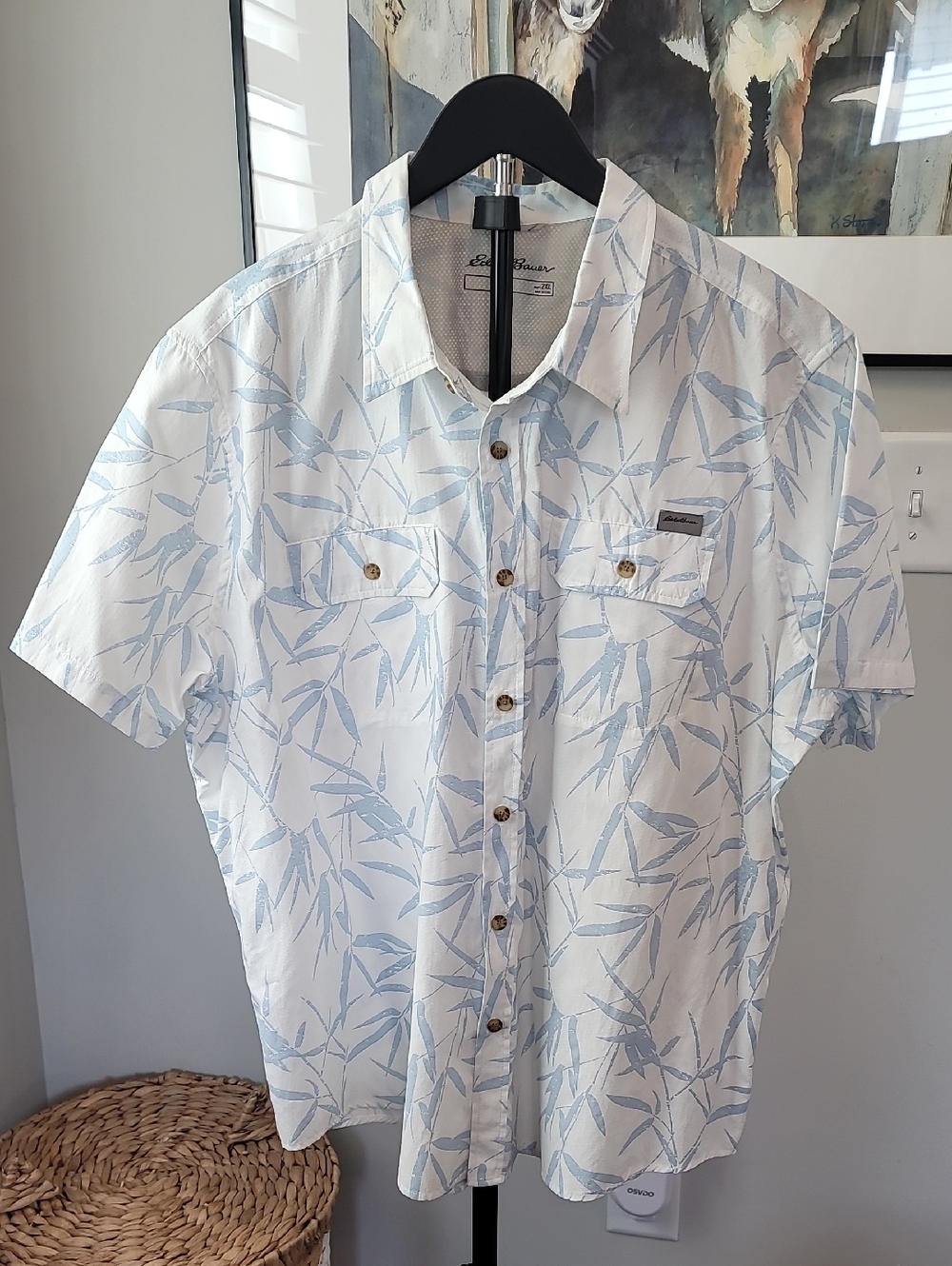 Eddie Bauer Men's 2XL Short-Sleeve Guide Leaf Print Shirt - Light Blue/White